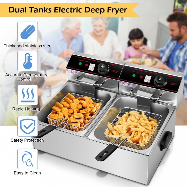 Dual tank electric countertop deep fryer with stainless steel construction, featuring separate temperature controls and.