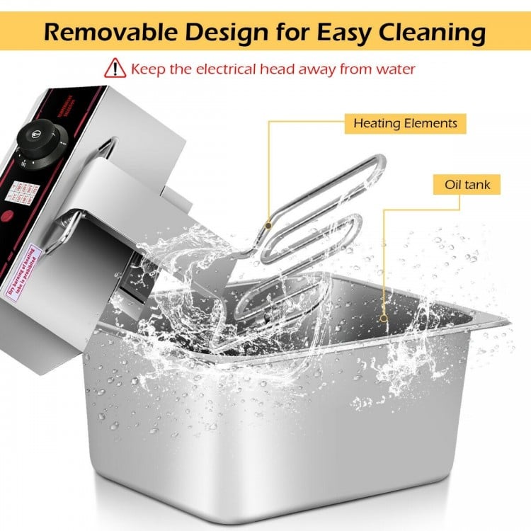 Dual tank electric countertop deep fryer with removable head, stainless steel construction, and easy cleaning design.