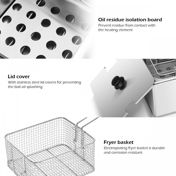 Fryer basket from the 3400W Dual Tank Electric Countertop Deep Fryer, featuring stainless steel construction and.