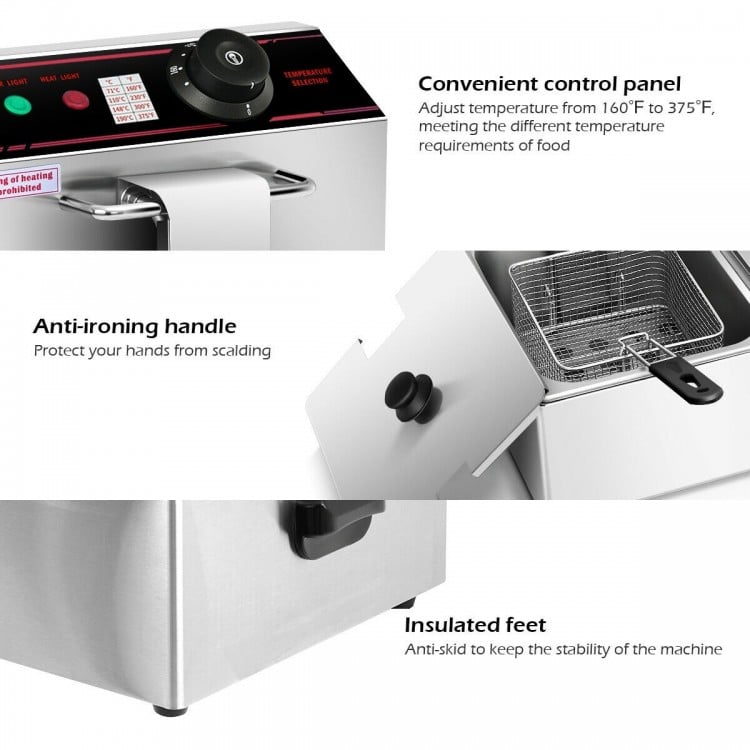 Dual tank electric countertop deep fryer with stainless-steel construction, adjustable temperature, and anti-ironing.