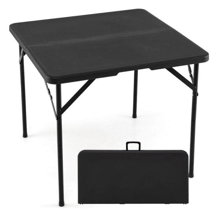 34-inch square foldable card table in black with a carrying handle, perfect for indoor and outdoor use.