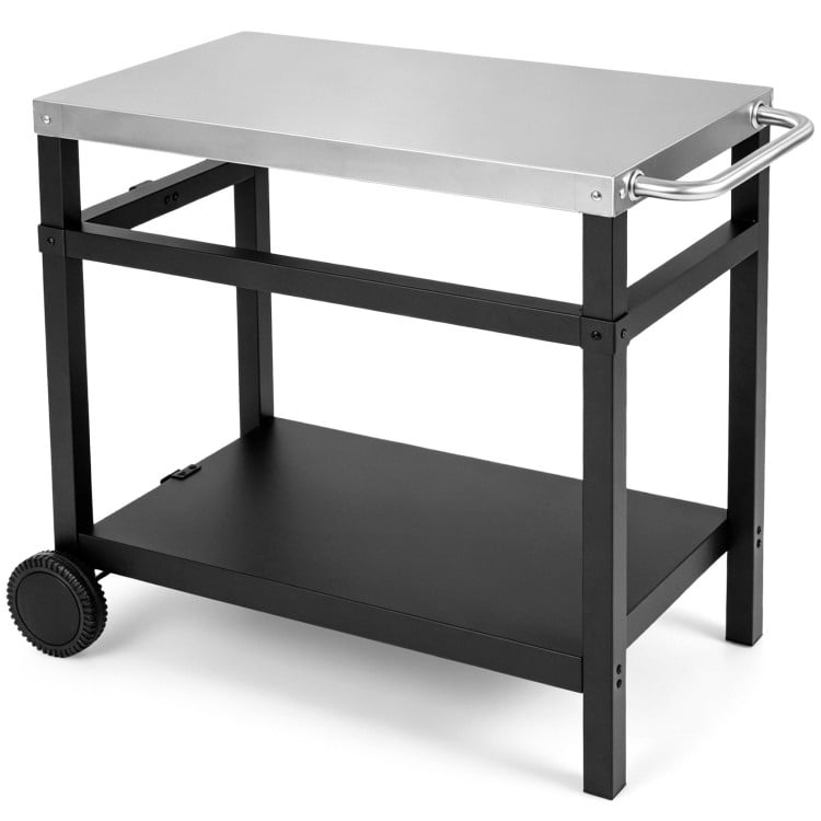 Sturdy 34" x 20" double-shelf grill table with a rustproof stainless steel top and smooth-rolling wheels for easy mobility.