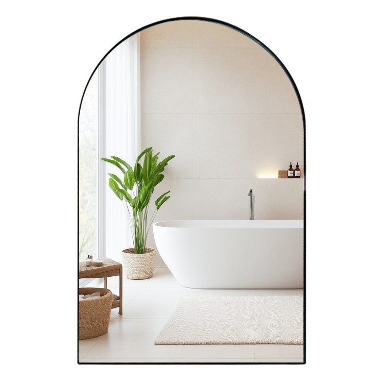 Arched mirror with brushed metal frame and adjustable shelves, ideal for wall-mounted bathroom storage.