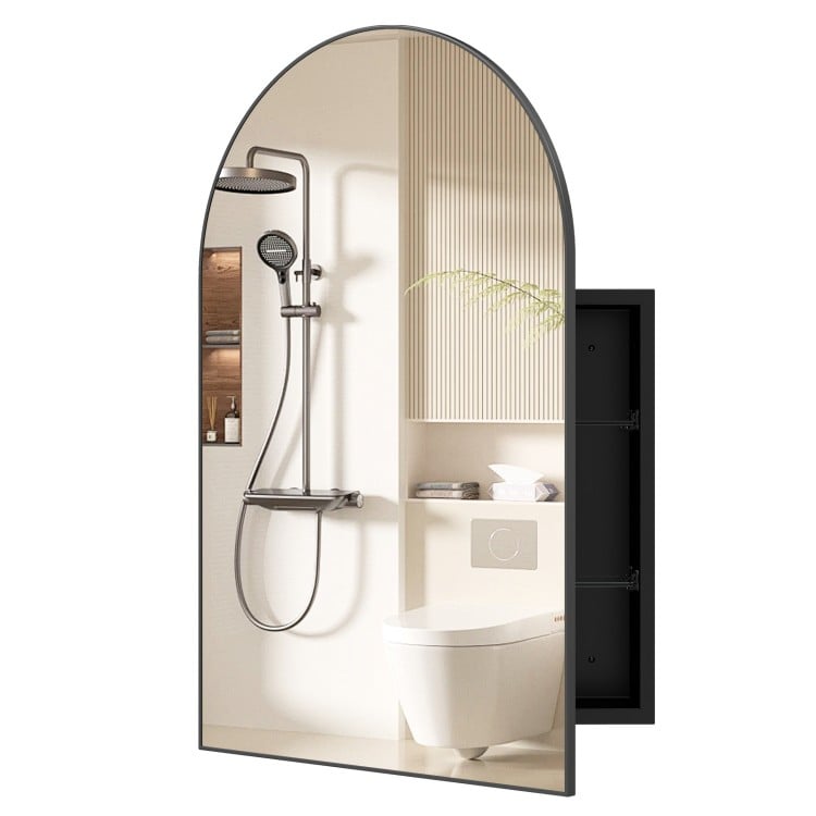 Wall-mounted 34" x 22" black brushed metal storage cabinet with arched mirror and adjustable tempered glass shelves.