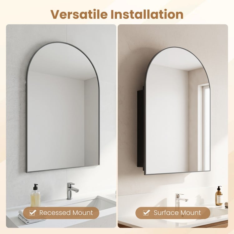 Brushed metal wall-mounted storage cabinet with arched mirror, featuring adjustable shelves for versatile installation.