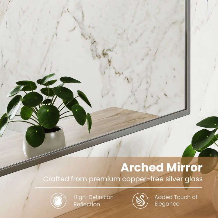 Brushed metal wall-mounted cabinet featuring an arched mirror and adjustable shelves for stylish and functional storage.