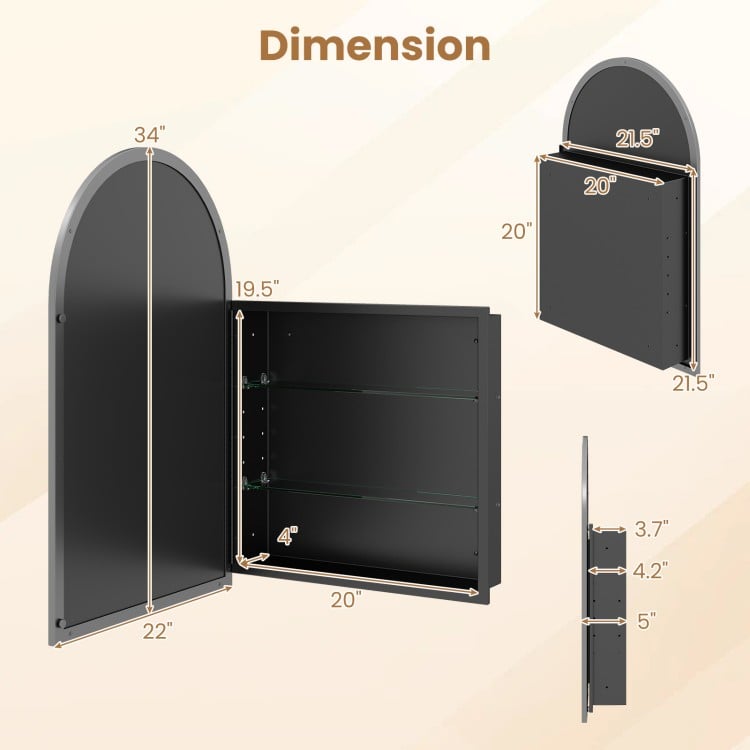 Brushed metal wall-mounted storage cabinet with arched mirror and adjustable tempered glass shelves for elegant organization.