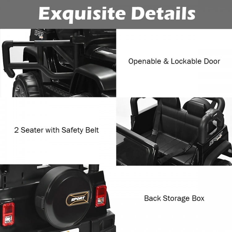 Close-up of the 12V 2-seater ride-on car's openable door and back storage box, designed for kids' safety and fun.