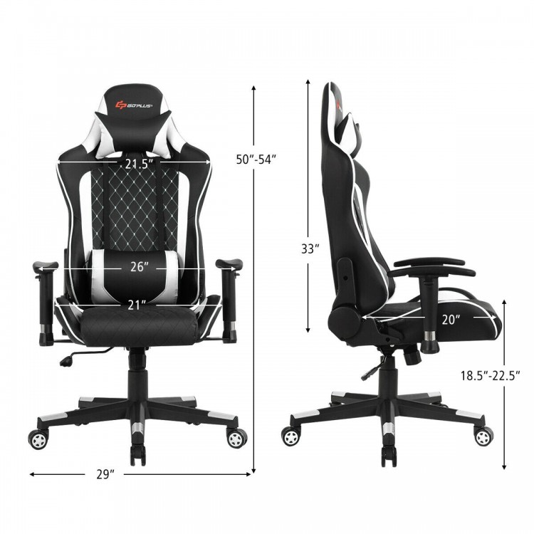 Massage gaming chair in white with lumbar support, adjustable backrest, and armrests for ultimate comfort and.