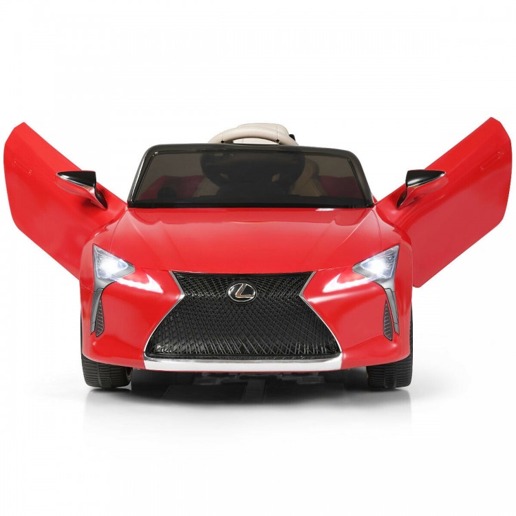Lexus LC500 licensed kids' ride-on car in red with remote control, LED lights, and spring suspension for smooth driving.