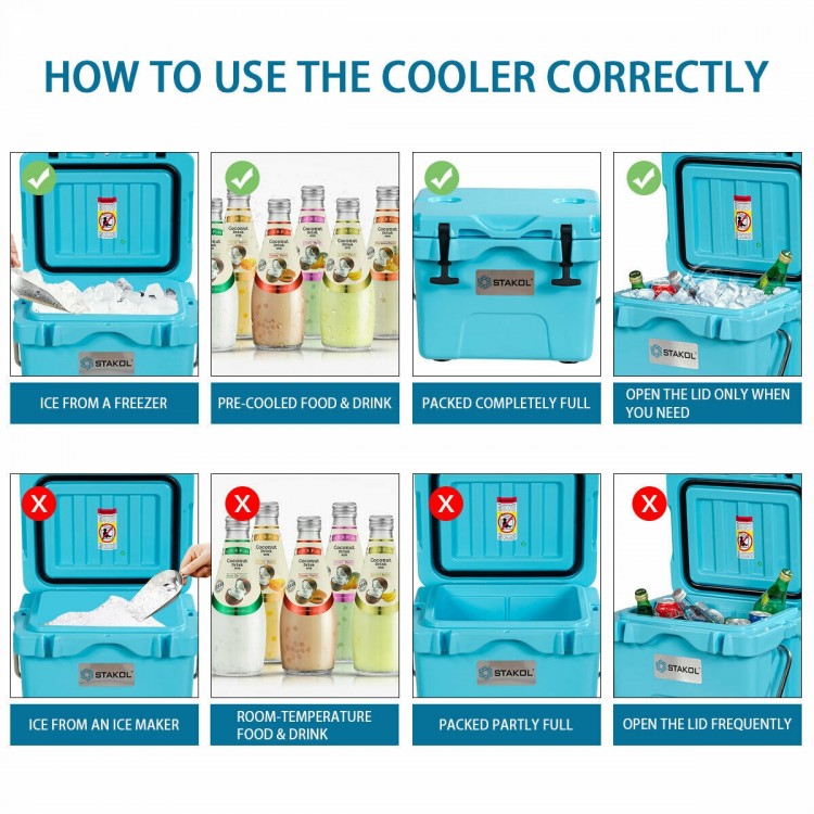 Portable insulated ice cooler in blue with 24-can capacity, featuring cup holders and premium insulation for outdoor.