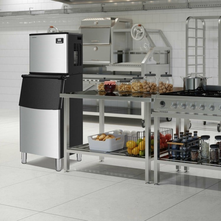 Split commercial ice maker with 198 lbs storage bin, producing 353 lbs of ice daily, ideal for restaurants and bars.