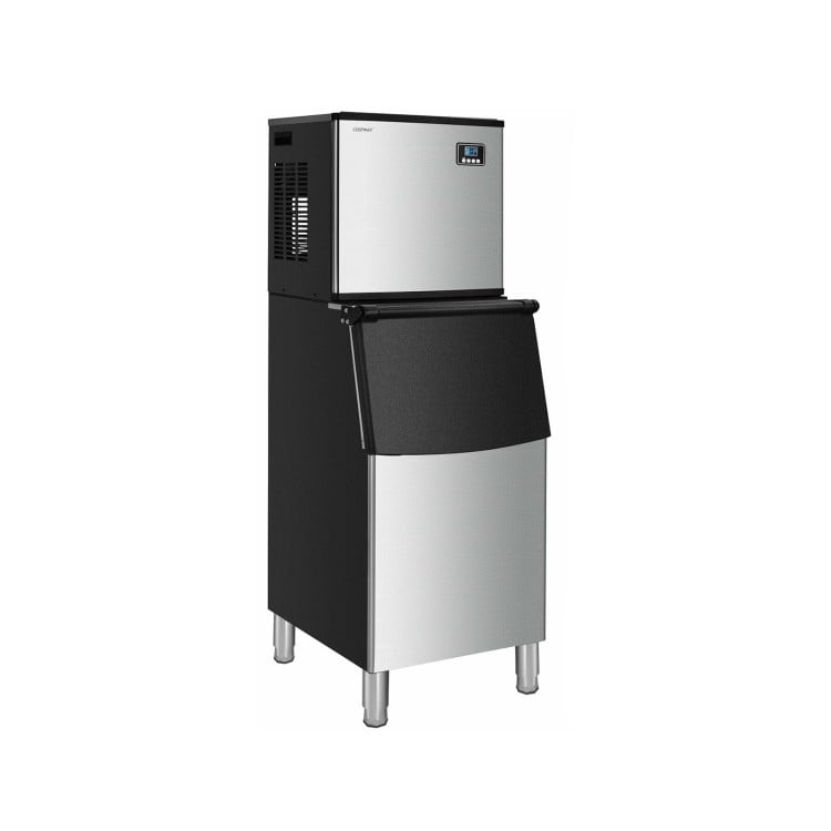 Side view of the 353LBS/24H commercial ice maker with 198 lbs storage bin, featuring sturdy steel construction for.