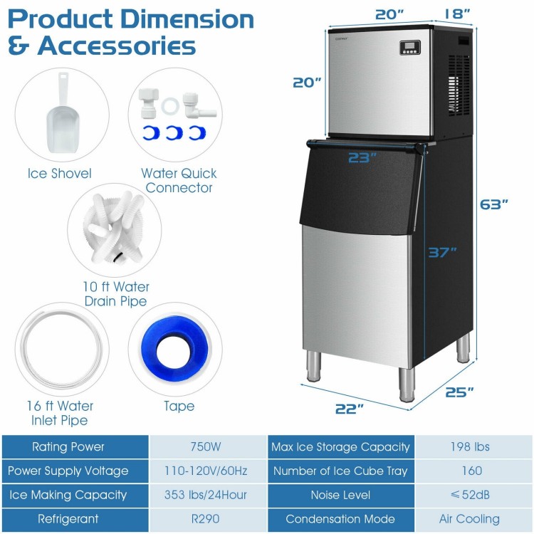 Split commercial ice maker with 198 lbs storage bin, producing 353 lbs of ice daily, featuring a smart LCD control.