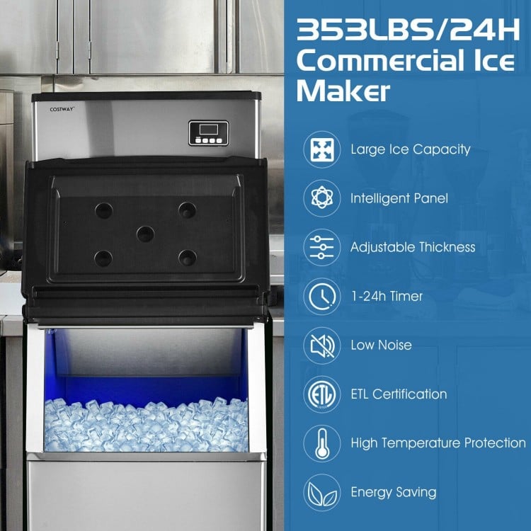 Commercial ice maker with 353 lbs/24h capacity, adjustable thickness, and smart LCD panel for efficient ice production.