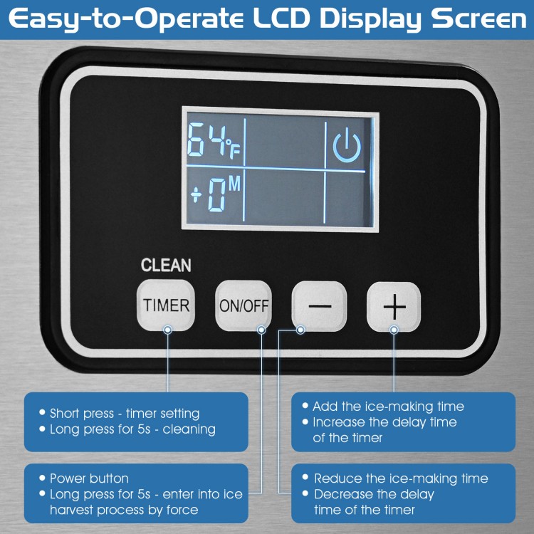 LCD control panel of the 353LBS/24H commercial ice maker, featuring easy operation and adjustable ice thickness.