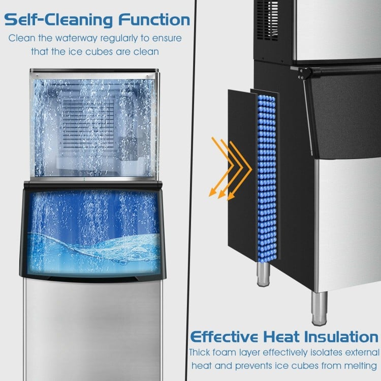 Split commercial ice maker producing 353 lbs of ice daily, featuring self-cleaning and effective heat insulation.