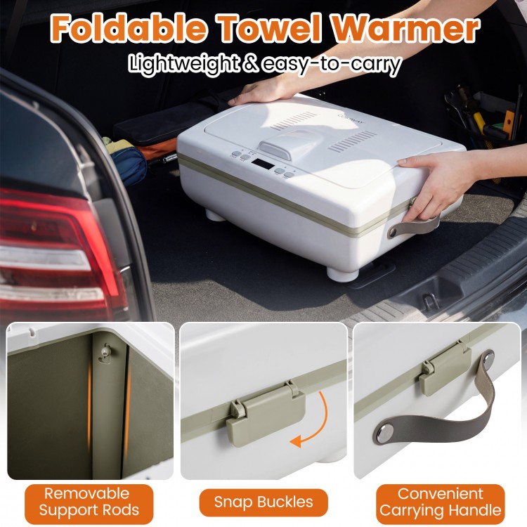 Foldable towel warmer in beige with a portable handle, accommodating up to 3 large towels for convenient drying and.