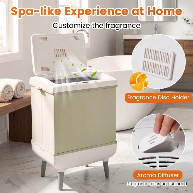 35L beige towel warmer with heating and drying modes, featuring aroma diffuser and convenient towel hooks for spa-like.