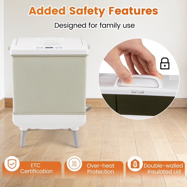 35L beige towel warmer with double-walled insulated lid and child lock, designed for safe family use in the bathroom.