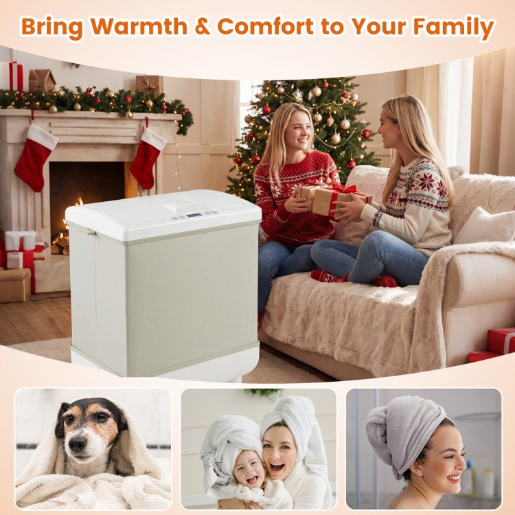 35L beige towel warmer with heating and drying modes, ideal for warming bath towels and blankets in the bathroom.
