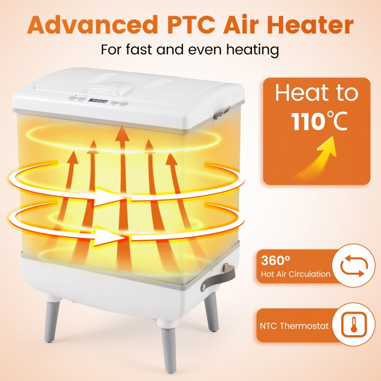 35L gray towel warmer with PTC air heater, 360° circulation, and drying modes for efficient towel heating in bathrooms.