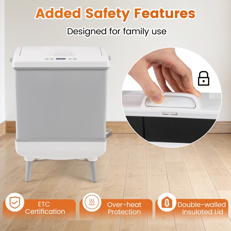 35L gray towel warmer with double-walled insulated lid, child lock, and over-heat protection for safe family use.