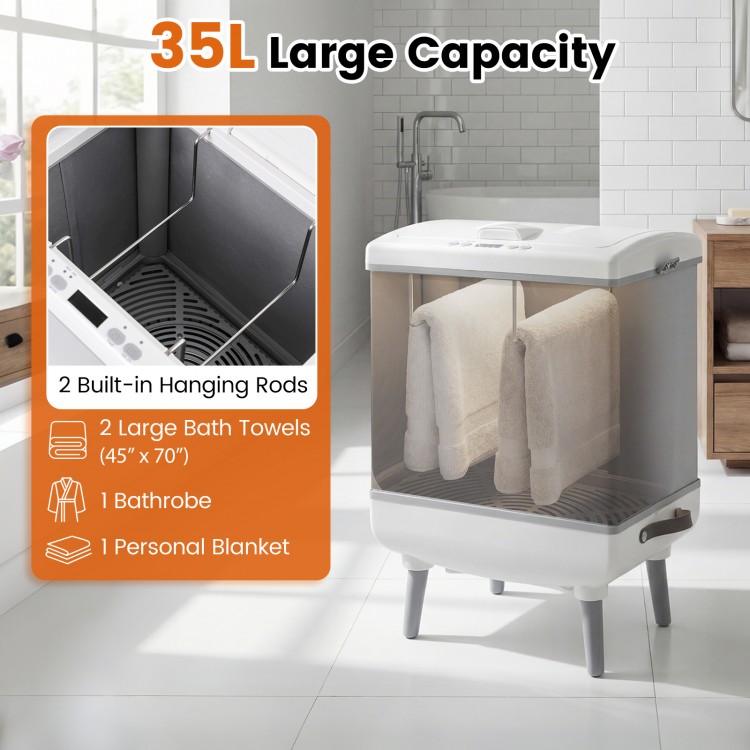 35L large towel warmer in gray with 2 built-in hanging rods, ideal for warming bath towels and blankets in the bathroom.