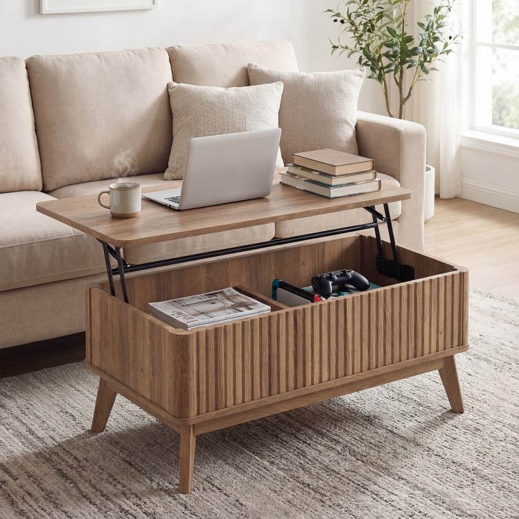 Fluted lift-top coffee table in walnut with hidden storage, perfect for versatile use in living spaces.