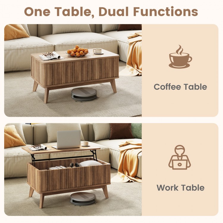 Lift-top walnut coffee table with fluted design, spacious storage, and dual functions for versatile use in any living.