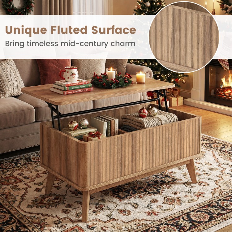Fluted lift-top coffee table in walnut with hidden storage and rubber wood legs, perfect for mid-century style living.