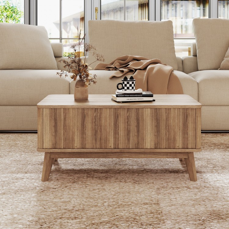 Rectangle wooden fluted lift-top coffee table in walnut with spacious storage, perfect for living room use.