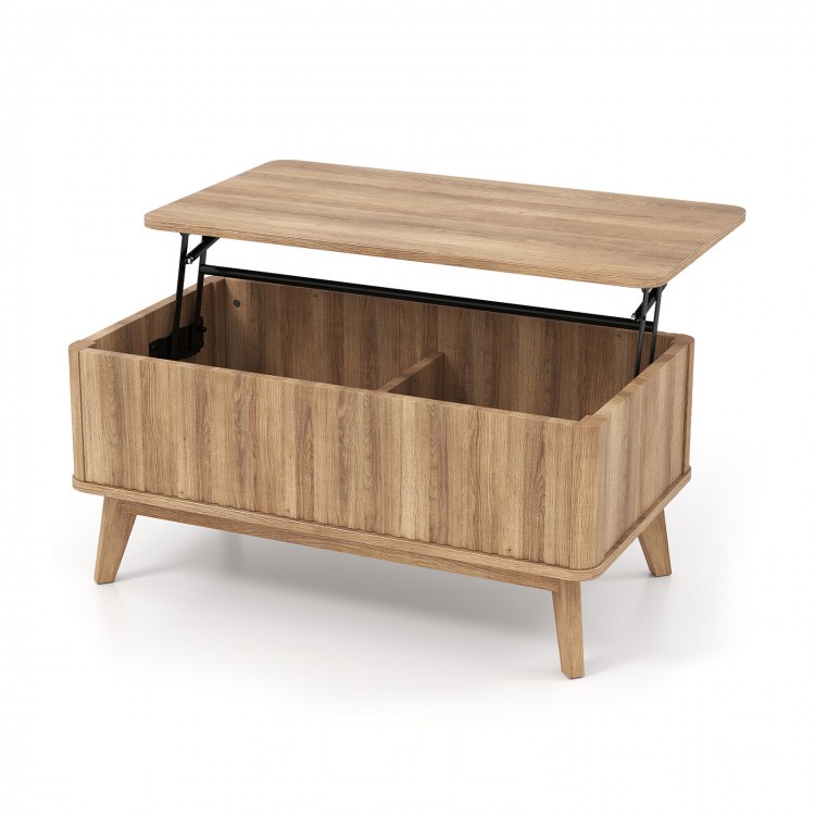 Lift-top walnut coffee table with fluted design, spacious storage, and rubber wood legs for versatile use in any room.