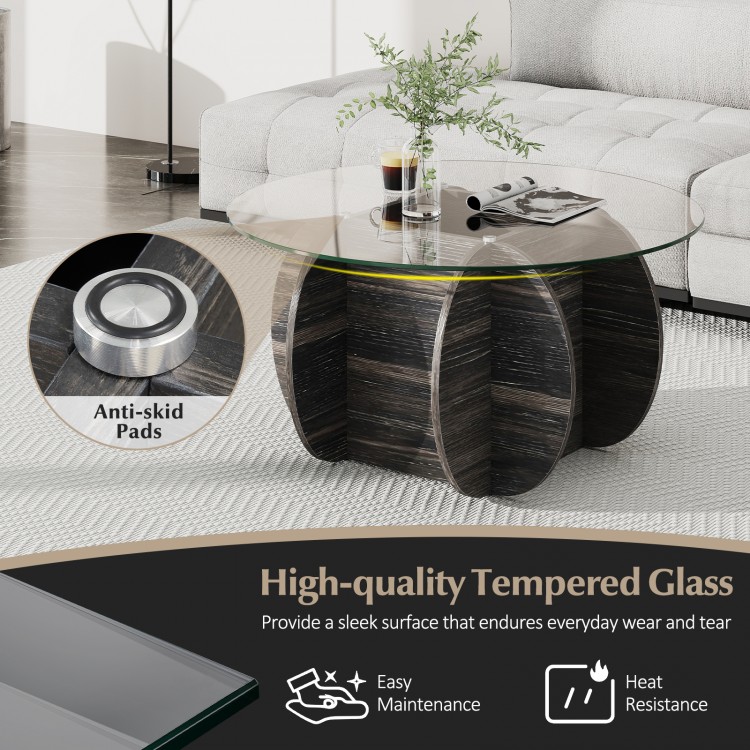 Round coffee table with tempered glass top and solid wood base, featuring anti-skid pads and spacious design for.