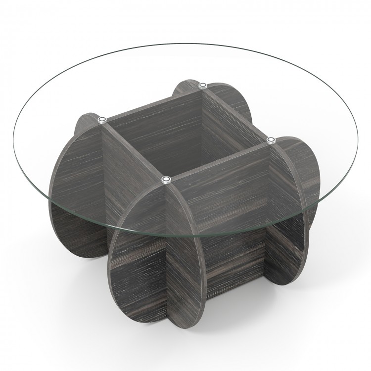 Unique circle coffee table with a spacious round tempered glass top and solid rubber wood base, featuring hidden.