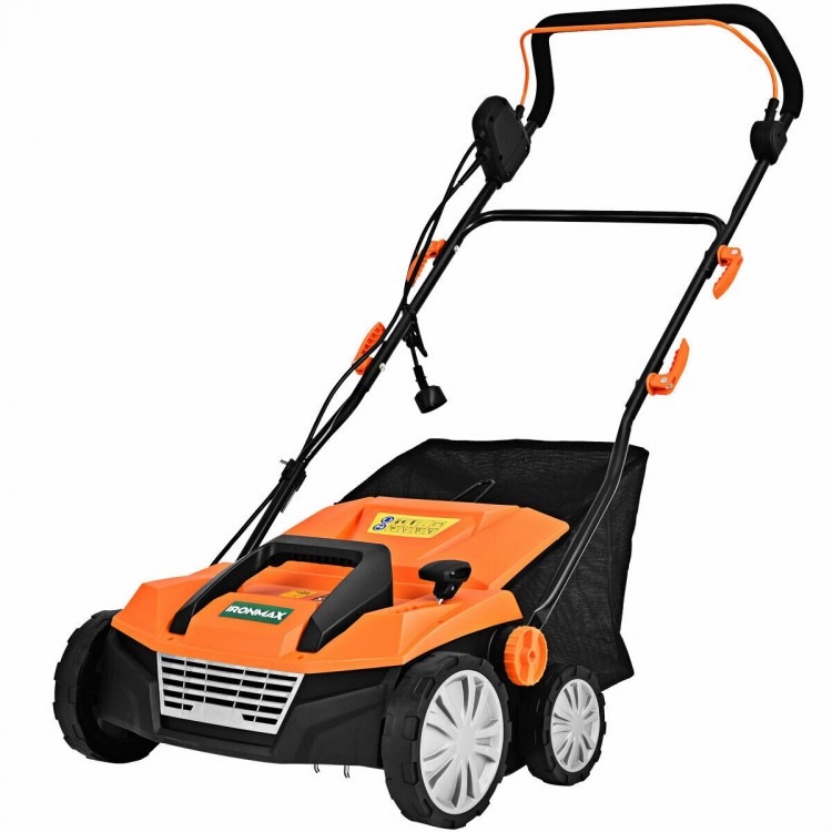 15-inch electric scarifier in orange with a 50L collection bag, adjustable heights, and removable blades for easy lawn.