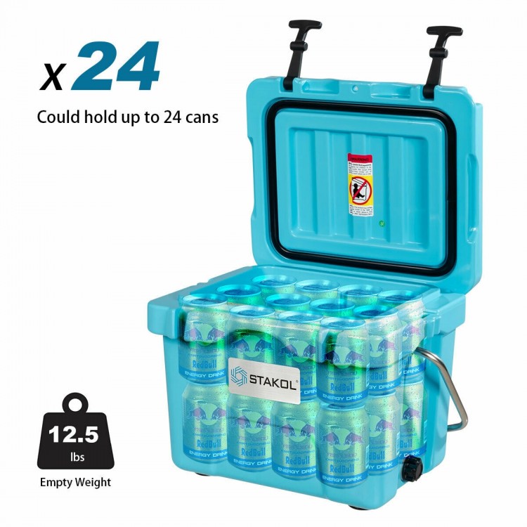 Portable blue ice cooler with 24-can capacity, reinforced latches, and two cup holders for outdoor activities.