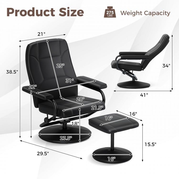 Swivel lounge chair recliner with ottoman in black leather, featuring adjustable recline and 360-degree swivel.