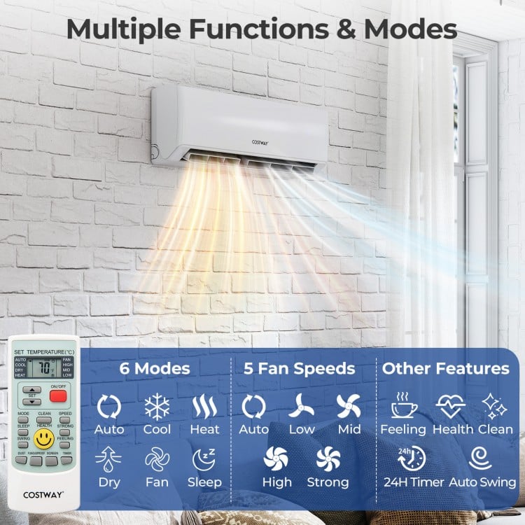 Mini split air conditioner with remote control, 6 modes, and 5 fan speeds for customizable comfort in multiple zones.