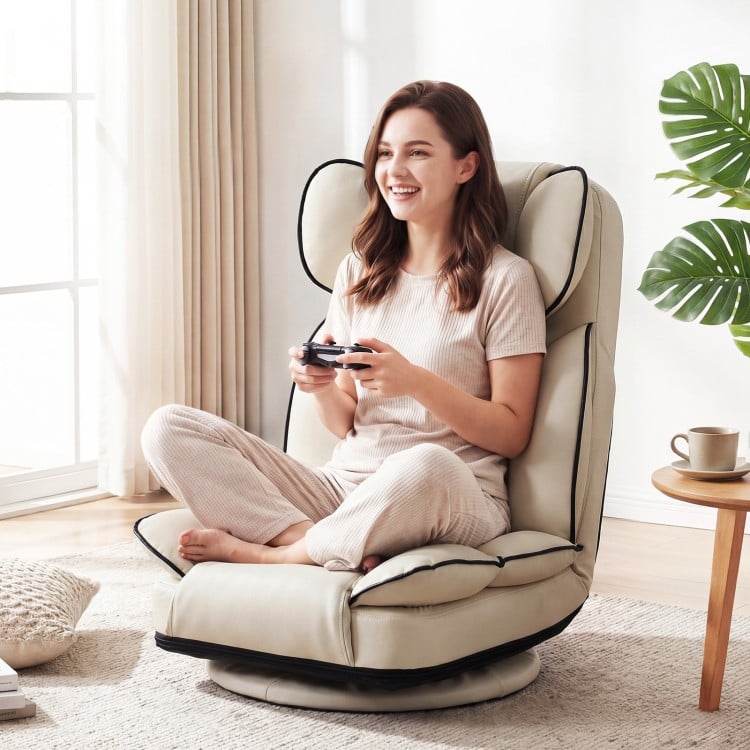 Beige 360° swivel floor gaming chair with adjustable backrest, ideal for gaming, reading, and relaxing.