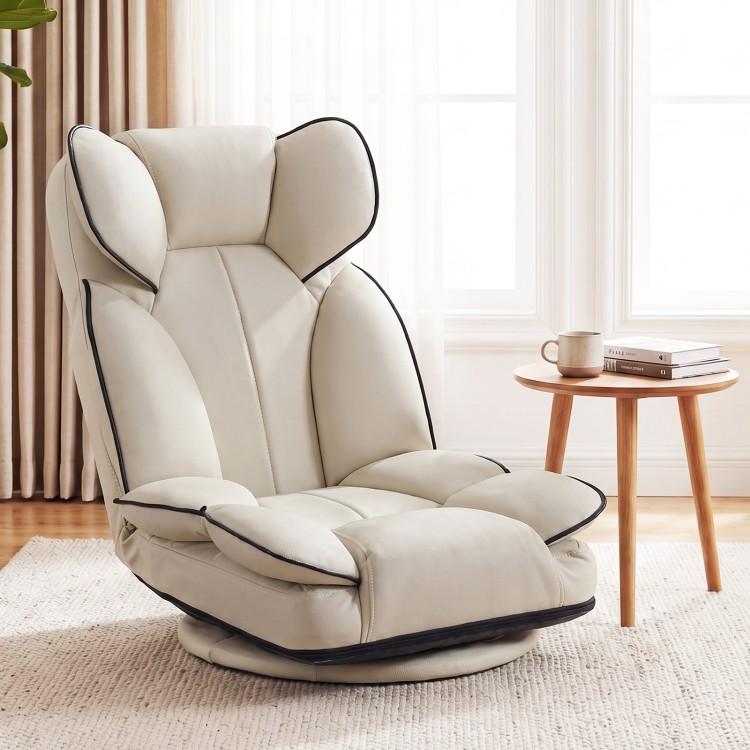 Beige 360-degree swivel floor gaming chair with adjustable backrest and sponge filling for comfort and support.