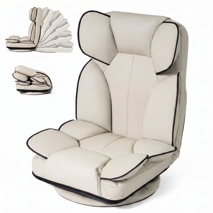 Beige 360-degree swivel gaming chair with adjustable backrest and sponge filling for ergonomic support and comfort.