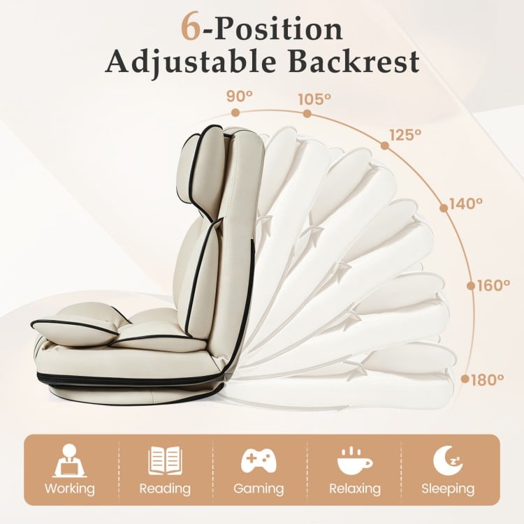 Beige 360° swivel floor gaming chair with 6-position adjustable backrest for gaming, reading, and relaxing.