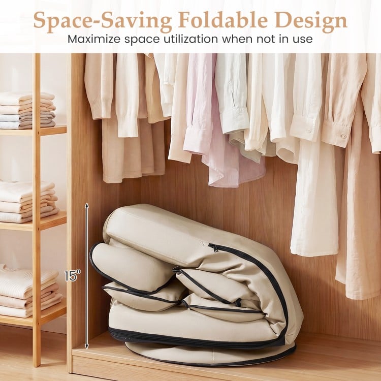 Beige 360° swivel floor gaming chair, 15" folded height, featuring adjustable backrest for space-saving storage.