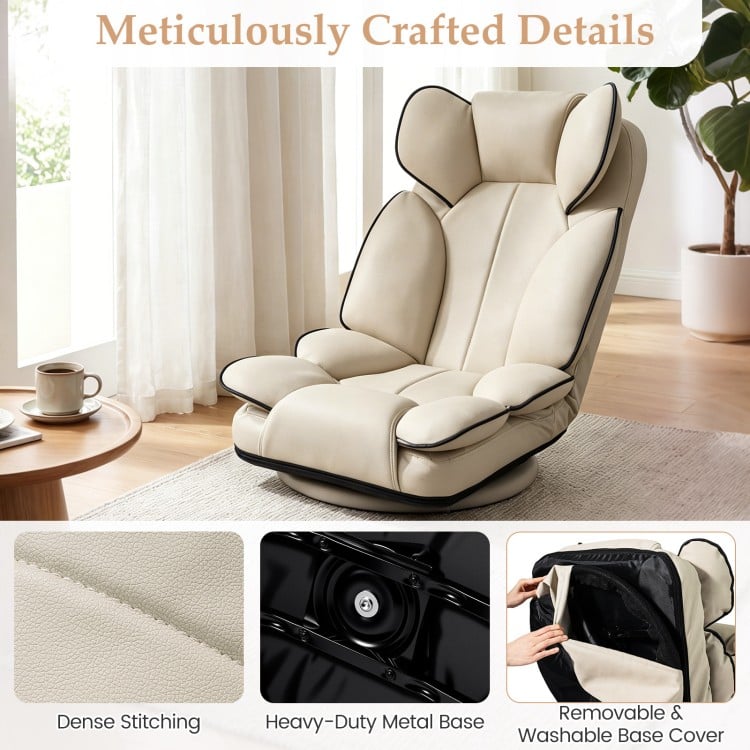Beige 360° swivel floor gaming chair with adjustable backrest, sponge filling, and removable base cover for comfort and.