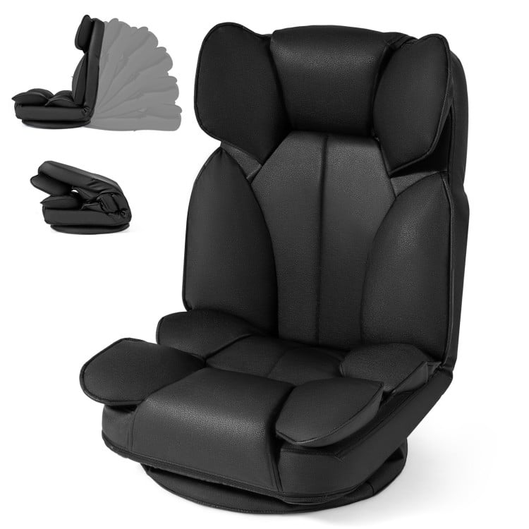 Black 360-degree swivel floor gaming chair with adjustable backrest, sponge filling, and ergonomic support for comfort.