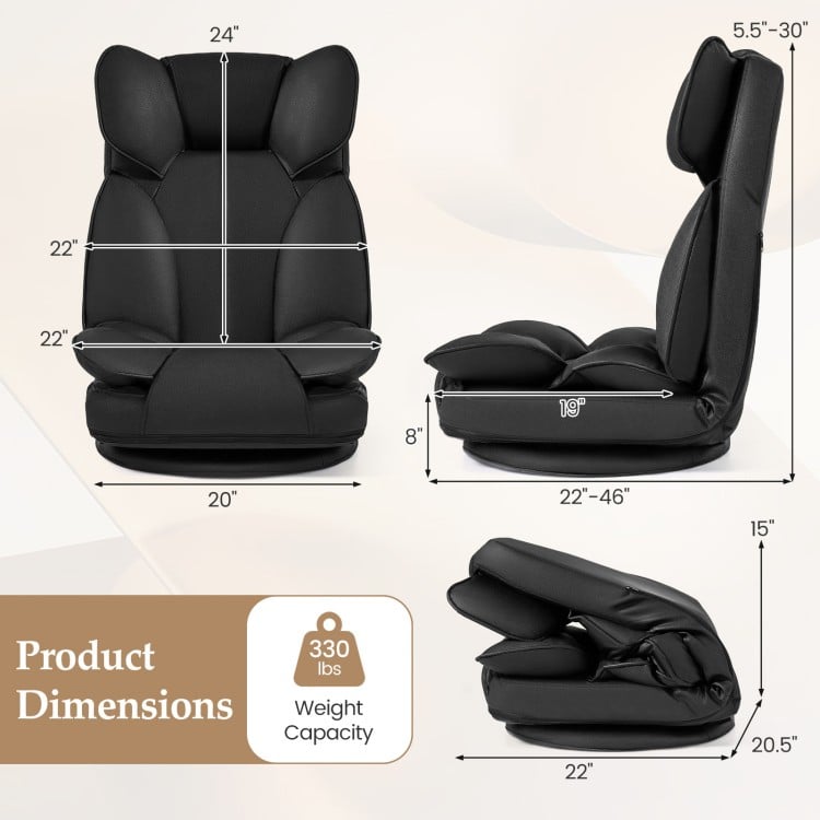 360-degree swivel floor gaming chair in black with adjustable backrest and sponge filling for ergonomic support.