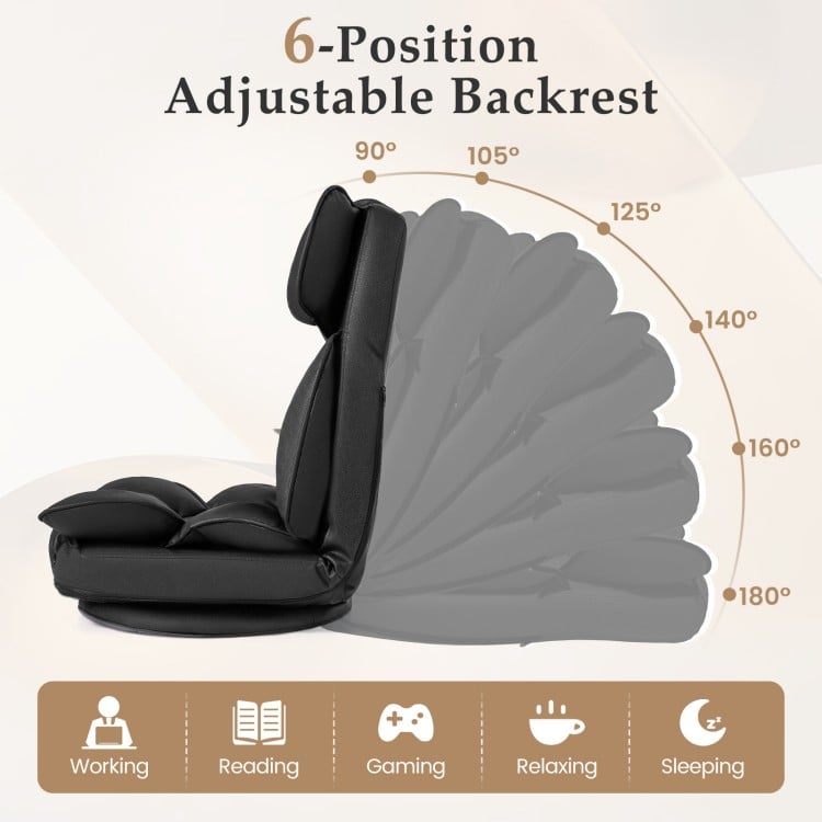 360° swivel floor gaming chair in black with 6-position adjustable backrest for gaming, reading, and relaxing.
