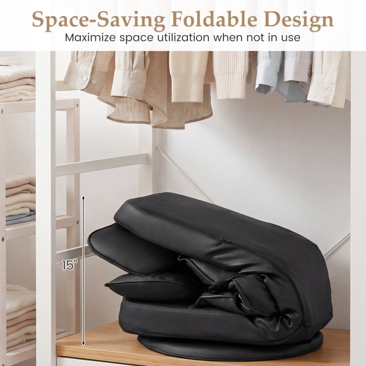 Folded 360° swivel gaming chair in black with 15" height for space-saving storage and easy cleaning.