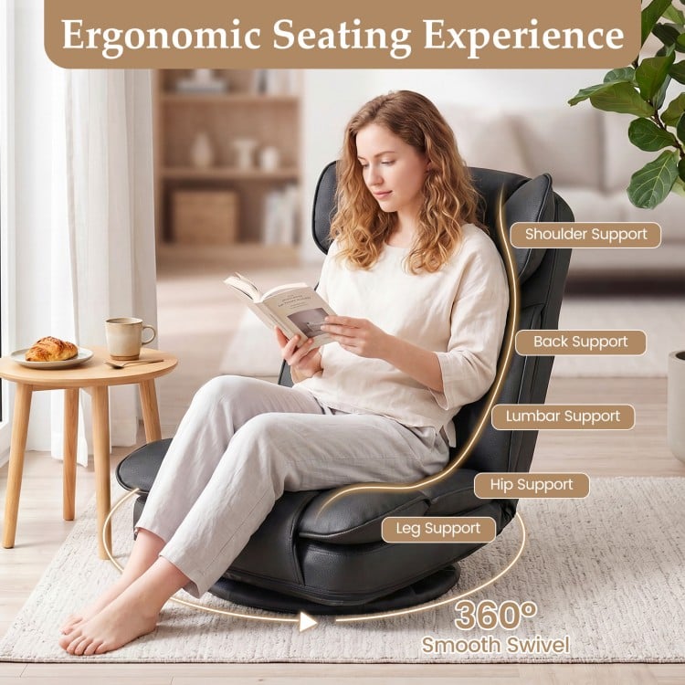 Black 360° swivel floor gaming chair with adjustable backrest, ergonomic support, and sponge filling for comfort.